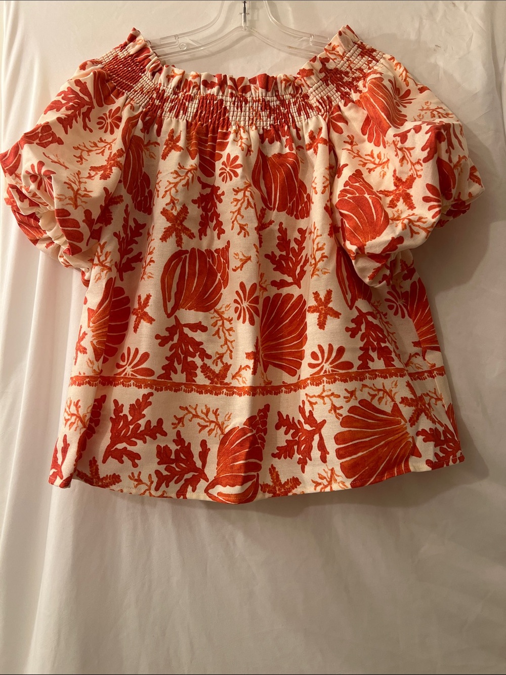 CeCe White Off-Shoulder Top with Orange Shell Print